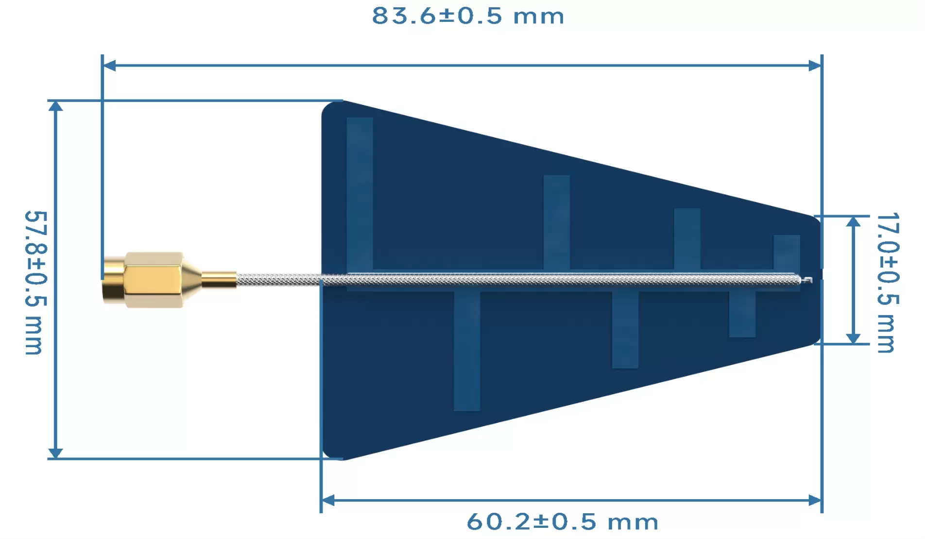 Dimensiones mecánicas de la antena PCB logarítmica direccional UWB UWB - PCB - D