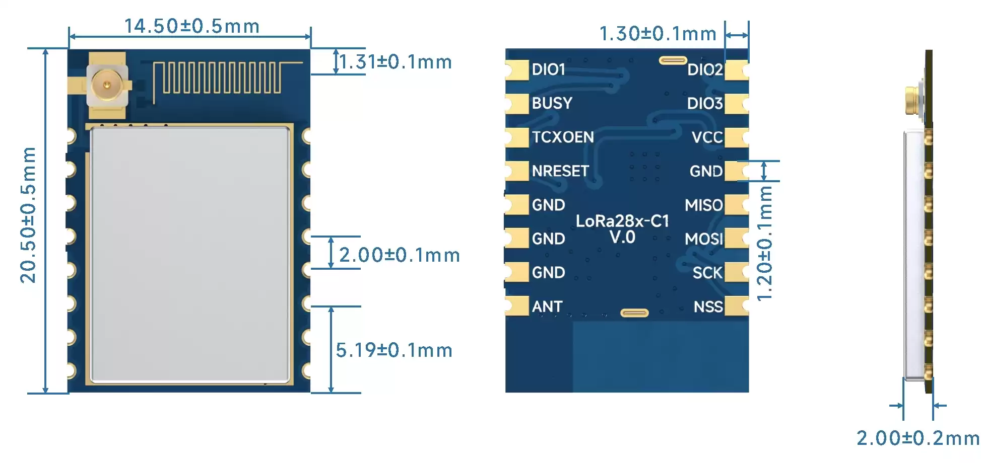 Dimensiones mecánicas del módulo transceptor inalámbrico LoRa de 2,4 GHz LoRa128X-C1.