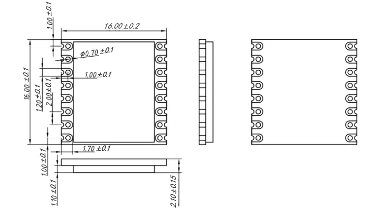 Dimensiones mecánicas del módulo transceptor inalámbrico LoRa-CC68-915-T