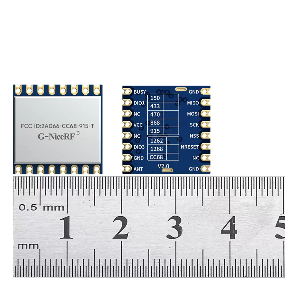 LoRa-CC68-915-T: Módulo transceptor inalámbrico LoRa LLCC68 con certificación FCC y TCXO para comunicación estable y protección ESD.
