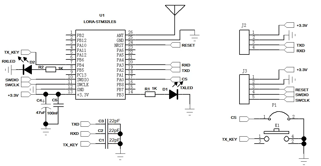 Circuito de aplicación del módulo SOC LoRa-STM32WLE5