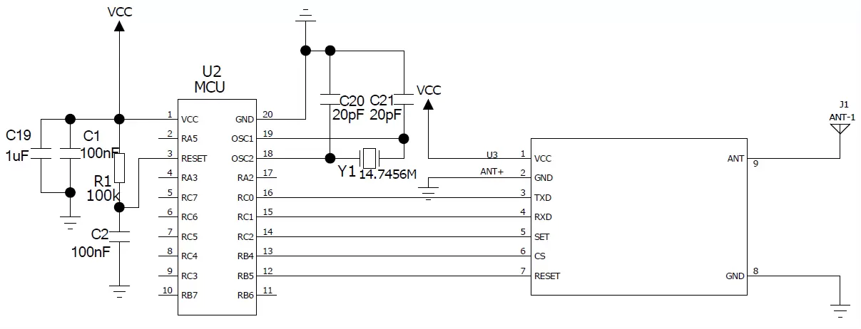 Circuito de aplicación del módulo de puerto serie inalámbrico ANT+ RF51422