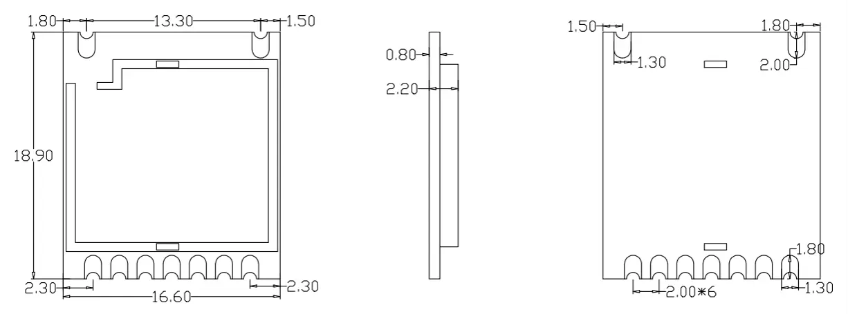 Dimensiones mecánicas del módulo transceptor RF RF51422