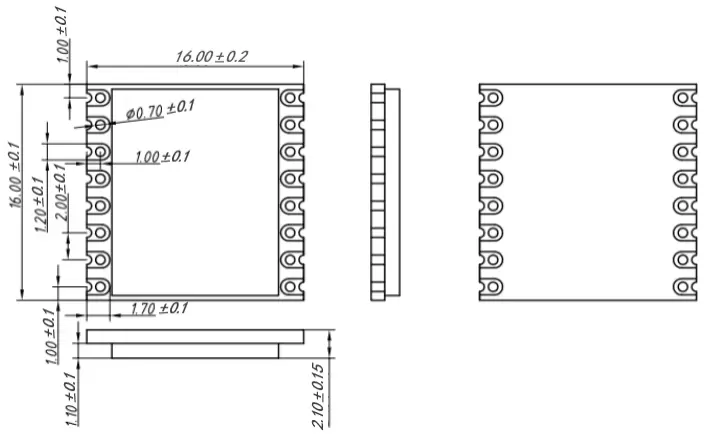 Dimensiones mecánicas del módulo inalámbrico LoRa de medición de distancia TCXO SX1280/SX1281 de 2,4 GHz LoRa128X - T