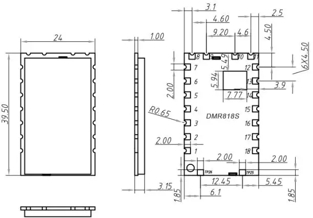 Dimensiones mecánicas del módulo walkie talkie DMR DMR818S-U.