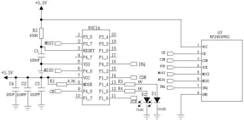 Circuito de aplicación del módulo RF de 2,4 GHz RF2401Pro
