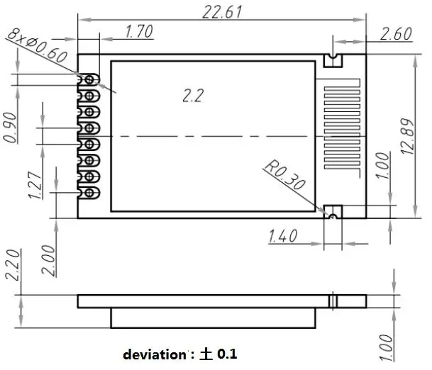 Dimensiones mecánicas del módulo RF de 2,4 GHz RF2401Pro