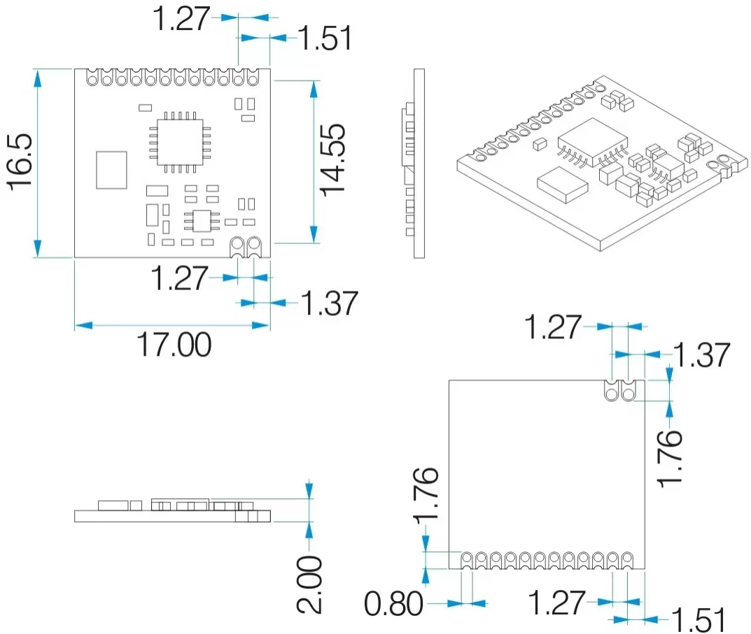 Descripción mecánica del módulo transceptor RF Si4432 de 100 mW Descripción mecánica del módulo transceptor RF Si4432 de 100 mW