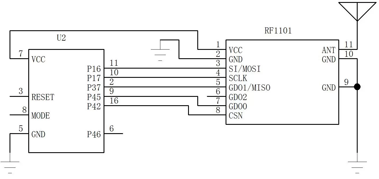 Circuito de aplicación del módulo transceptor RF1101 de 20 mW Circuito de aplicación del módulo transceptor RF1101 de 20 mW