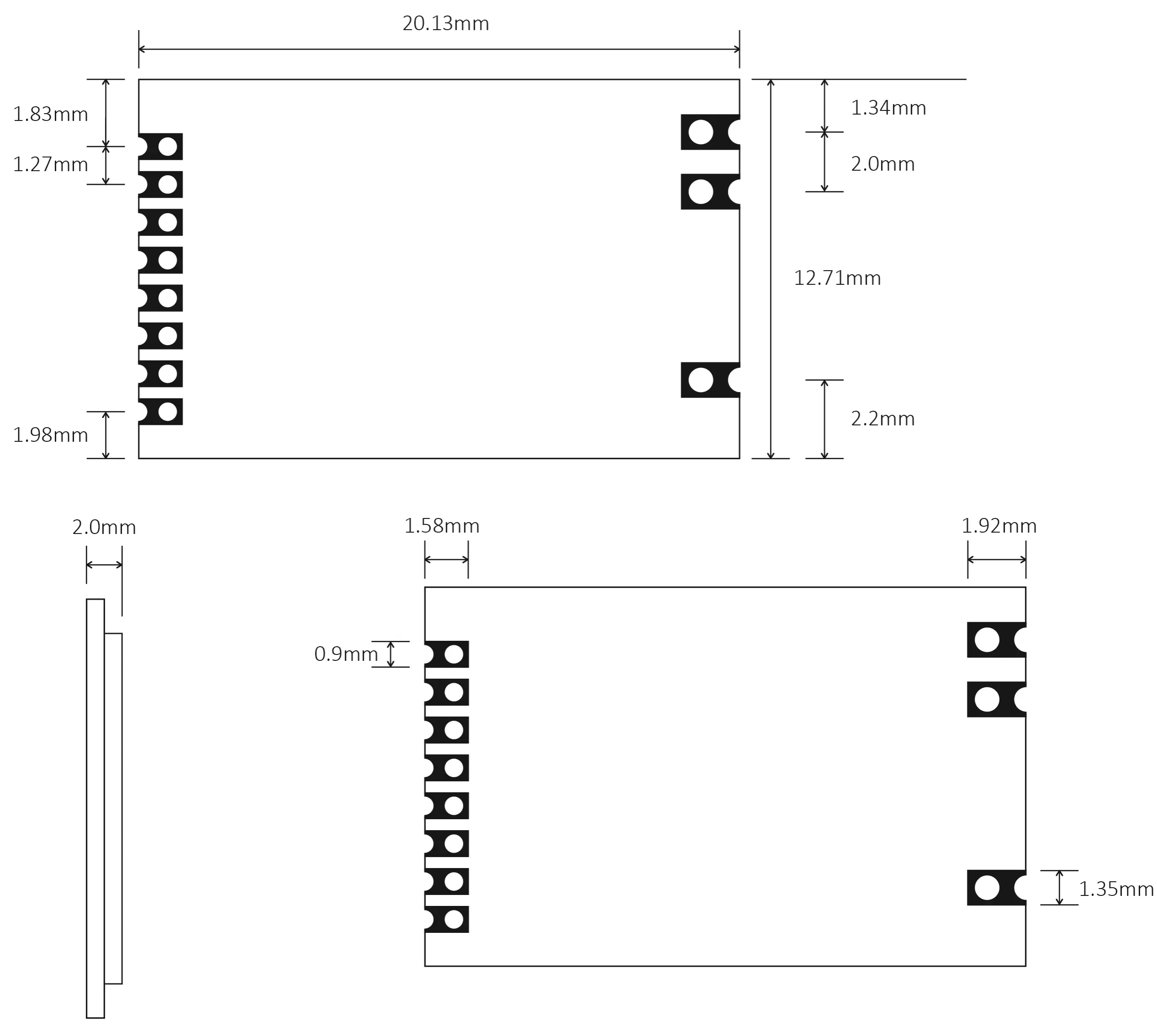 Dimensiones mecánicas del módulo transceptor RF de 20 mW RF1101 Dimensiones mecánicas del módulo transceptor RF de 20 mW RF1101