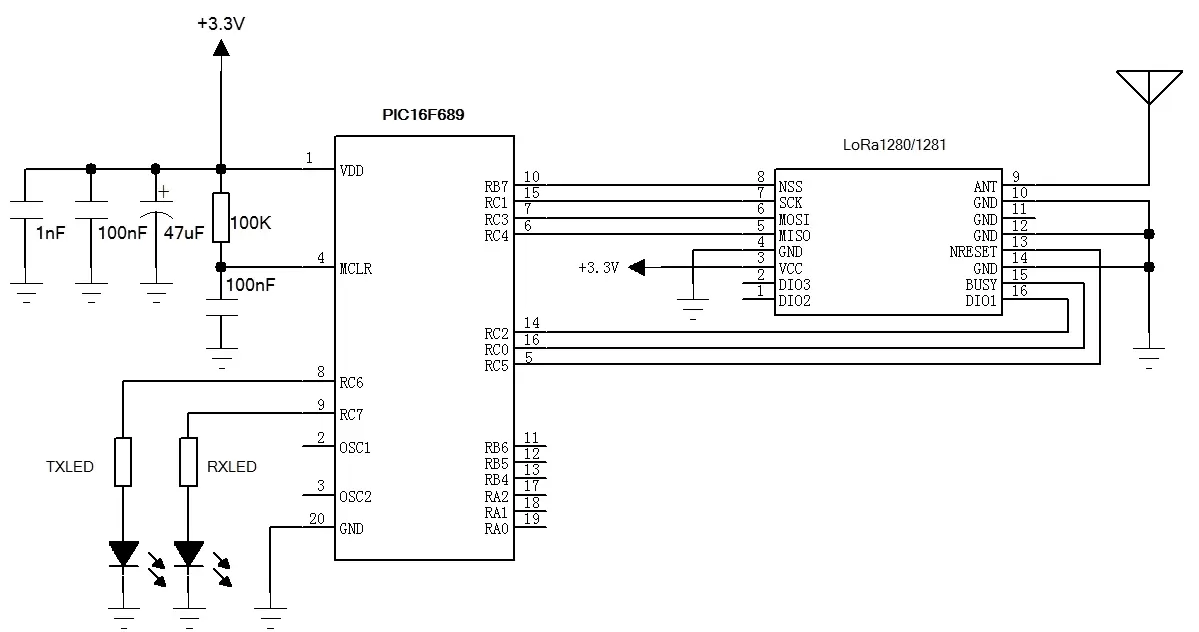 Circuito de aplicación de los módulos inalámbricos LoRa de 2,4 GHz LoRa1280 y LoRa1281