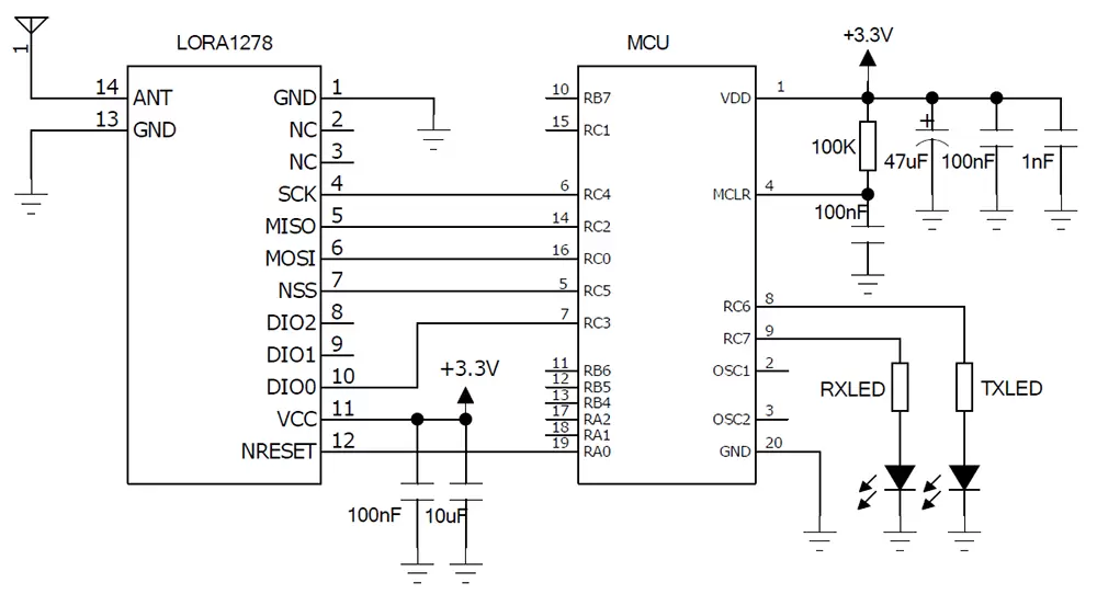Circuito de aplicación del módulo inalámbrico LoRa 433/470 MHz LoRa1278