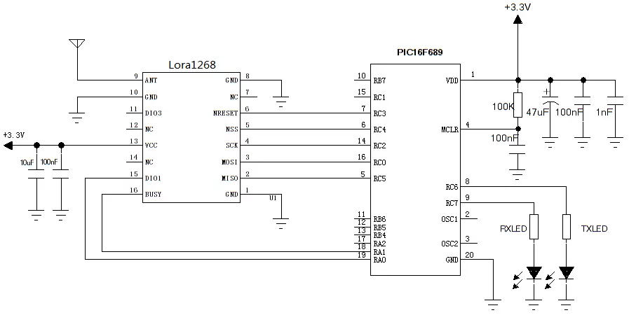Circuito de aplicación del módulo inalámbrico LoRa1268. Circuito de aplicación del módulo inalámbrico LoRa1268.