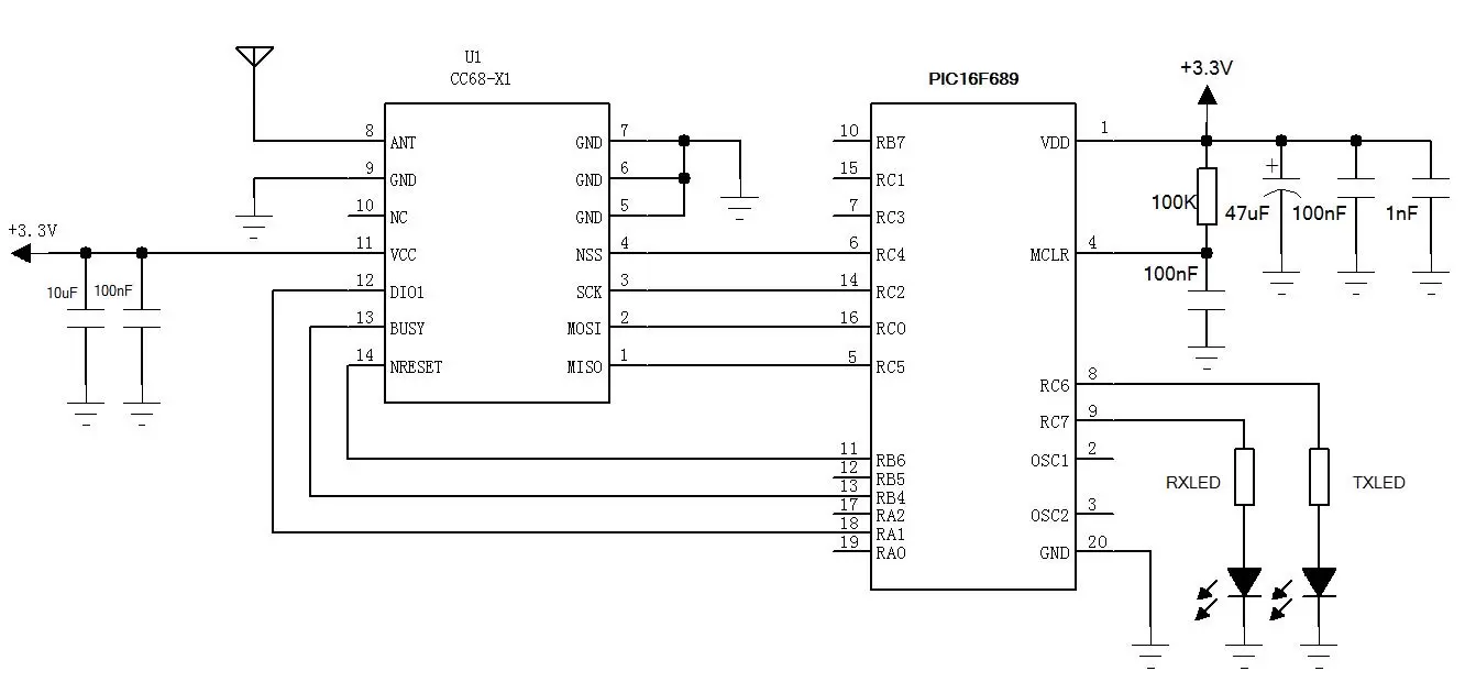 Circuito de aplicación del módulo inalámbrico LoRa-CC68-X1.