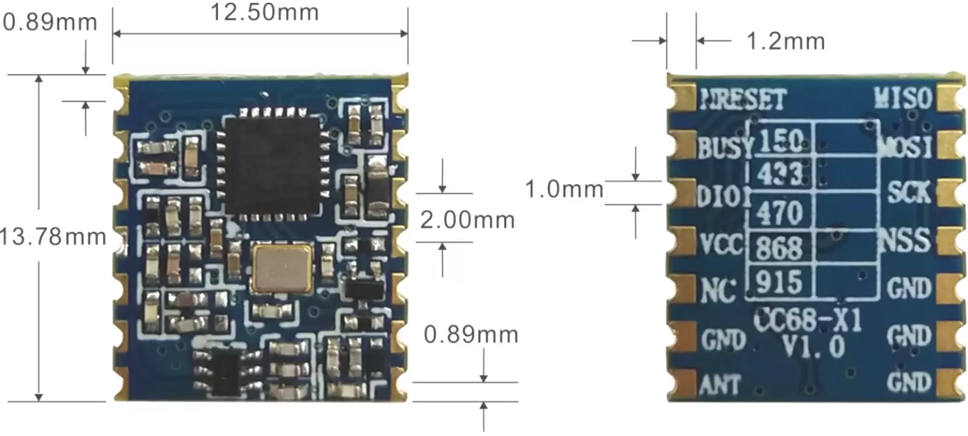 Dimensiones mecánicas del módulo inalámbrico LoRa-CC68-X1.
