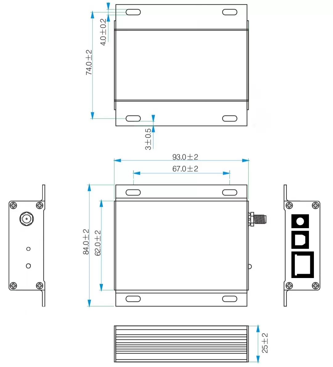 Dimensiones mecánicas de la puerta de enlace del sistema de monitorización de sensores IoT IOT-G010