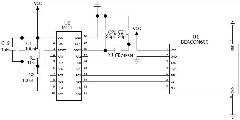 Circuito de aplicación del módulo de baliza UART integrado Beacon600