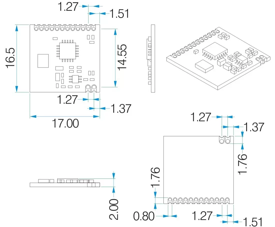 Dimensiones mecánicas del módulo RF avanzado RF4421 Dimensiones mecánicas del módulo RF avanzado RF4421