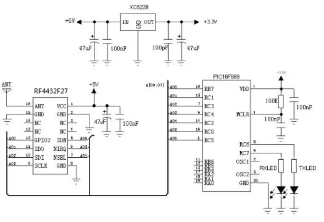 Circuito de aplicación del módulo transmisor y receptor de RF de 500 mW RF4432F27 Circuito de aplicación del módulo transmisor y receptor de RF de 500 mW RF4432F27