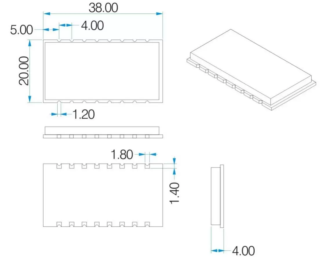 Dimensiones mecánicas del módulo transmisor y receptor de RF de 500 mW RF4432F27 Dimensiones mecánicas del módulo transmisor y receptor de RF de 500 mW RF4432F27