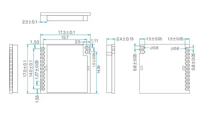 Dimensiones mecánicas del módulo FSK RF1212 basado en SX1212 de 20 mW Dimensiones mecánicas del módulo FSK RF1212 basado en SX1212 de 20 mW