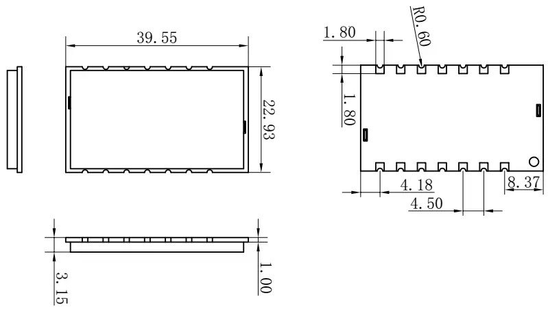 Dimensiones mecánicas del módulo inalámbrico UART LoRa LoRaStar610 Dimensiones mecánicas del módulo inalámbrico UART LoRa LoRaStar610