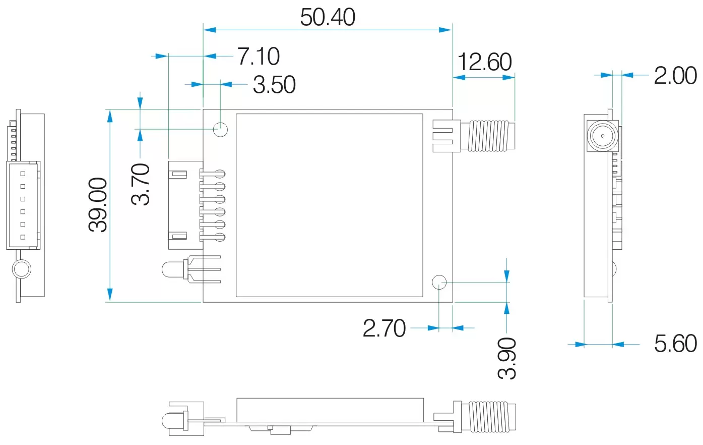Dimensiones mecánicas del módulo inalámbrico UART LoRa LoRaStar6100 Dimensiones mecánicas del módulo inalámbrico UART LoRa LoRaStar6100