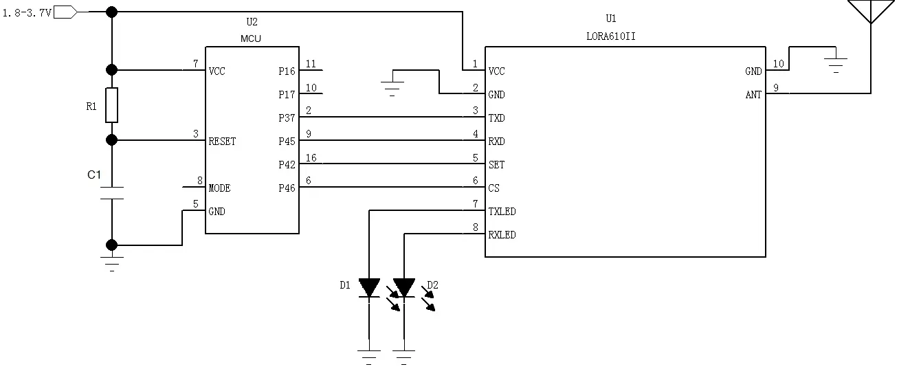 Circuito de aplicación del módulo LoRa LoRa610II