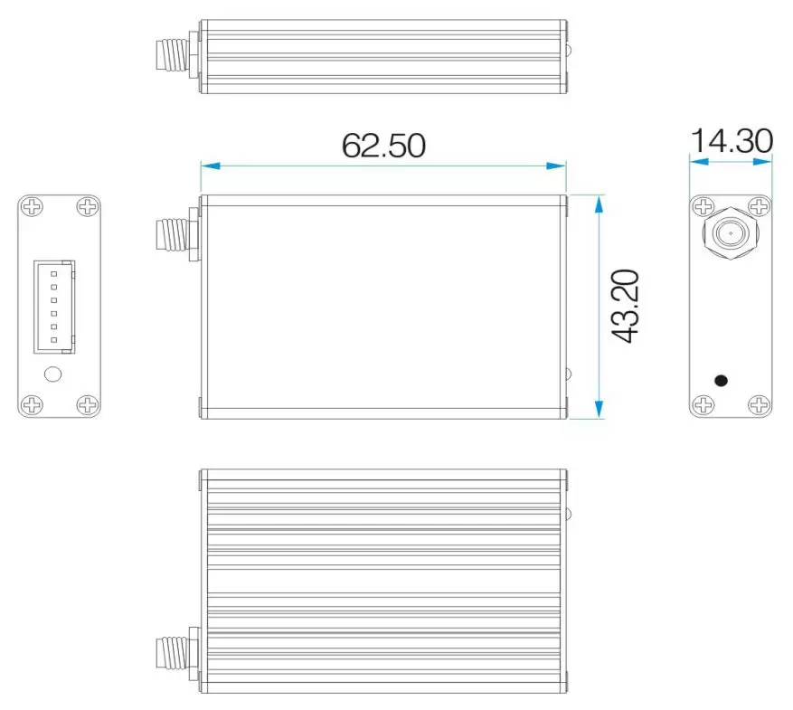 Dimensiones mecánicas del módem RF inalámbrico de largo alcance SV652 en carcasa de aluminio. Dimensiones mecánicas del módem RF inalámbrico de largo alcance SV652 en carcasa de aluminio.