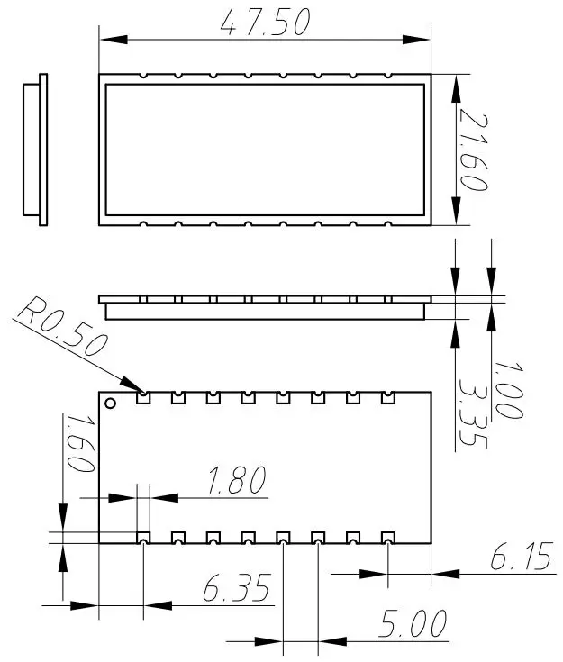 Dimensiones mecánicas del módulo transceptor RF UART SV650 Dimensiones mecánicas del módulo transceptor RF UART SV650