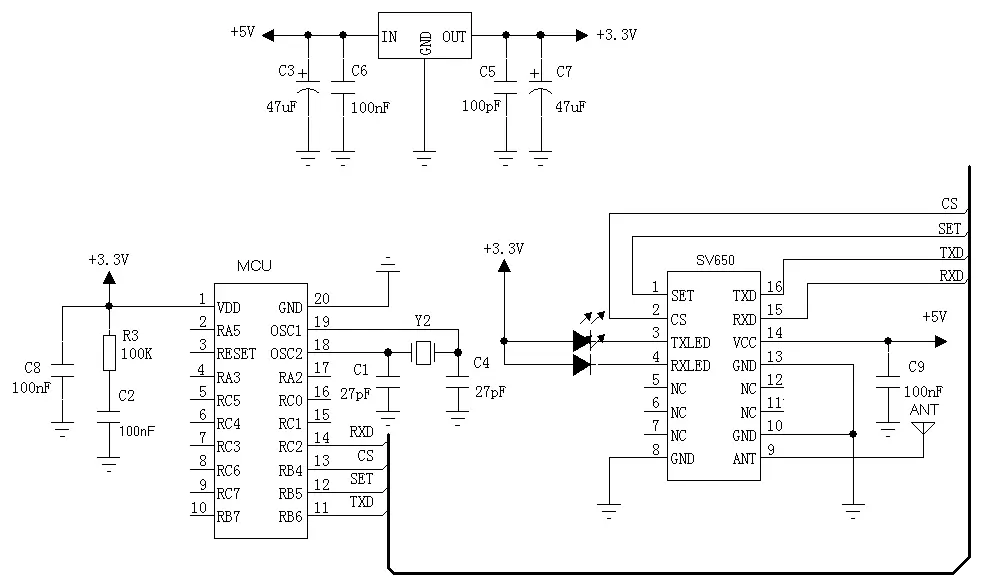 Circuito de aplicación del módulo transceptor RF UART SV650 Circuito de aplicación del módulo transceptor RF UART SV650