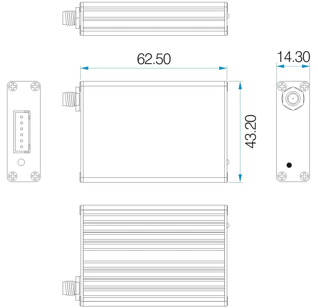 Dimensiones mecánicas del módem RF industrial de 2 W SV6202 Dimensiones mecánicas del módem RF industrial de 2 W SV6202