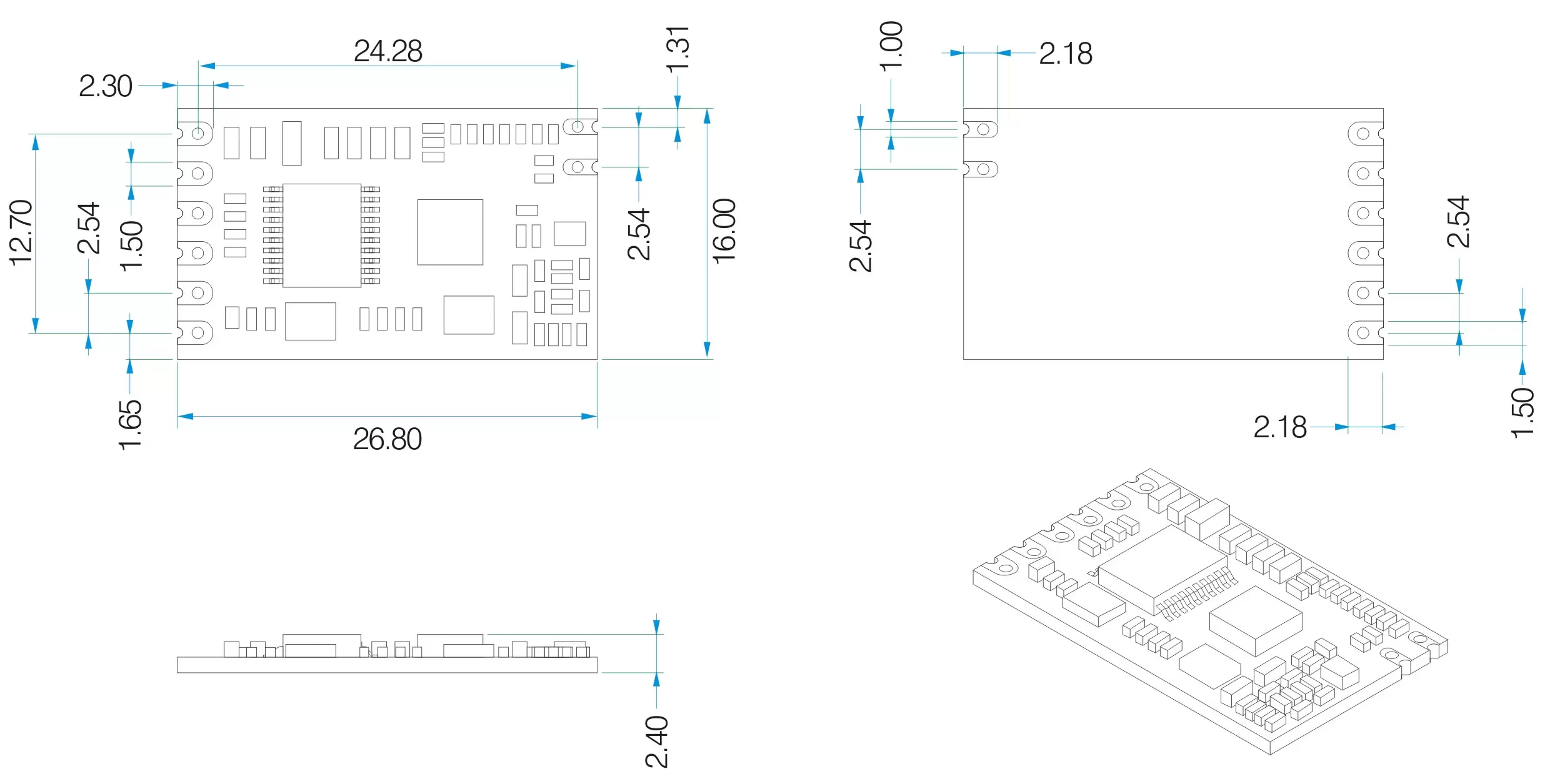 Dimensiones mecánicas de los módulos inalámbricos RF Mesh Network Uart SV610 Dimensiones mecánicas de los módulos inalámbricos RF Mesh Network Uart SV610