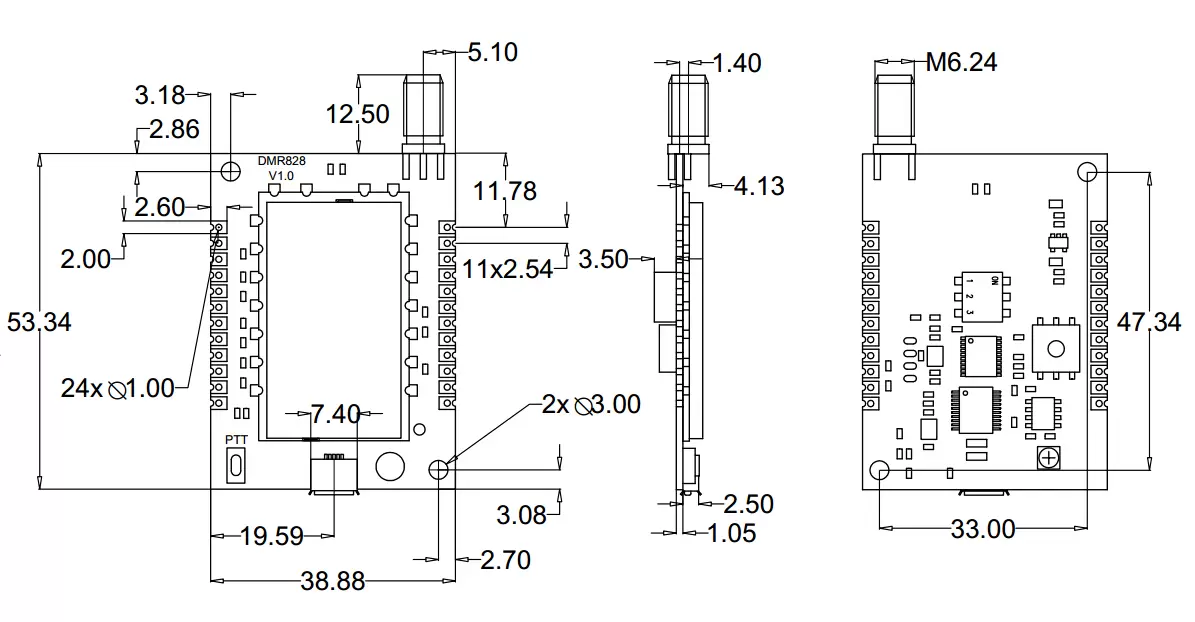 Dimensiones mecánicas del módulo inalámbrico DMR828S.