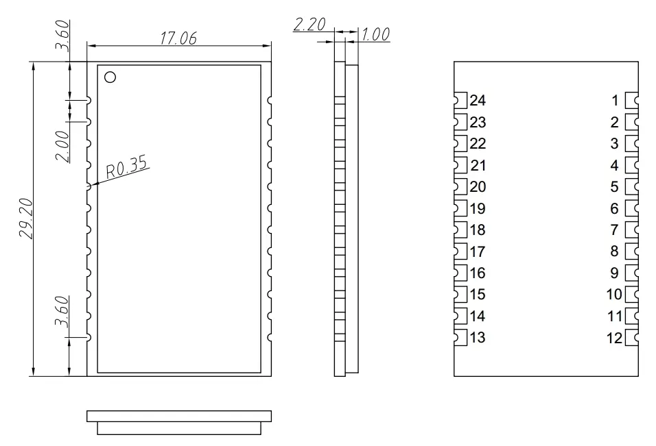 Dimensiones mecánicas del módulo de nodo de puerta de enlace LoRaWan LN610 Dimensiones mecánicas del módulo de nodo de puerta de enlace LoRaWan LN610