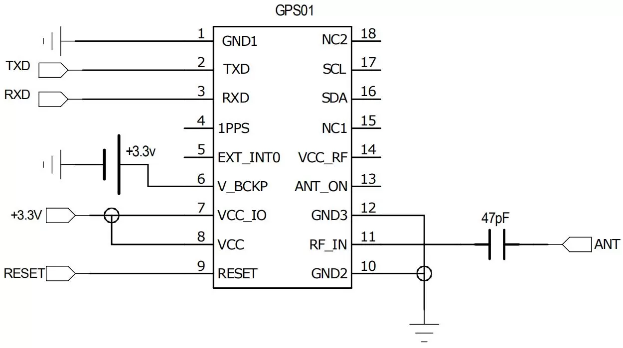 Diagrama de conexión del circuito de aplicación de la antena pasiva del módulo GPS GPS01