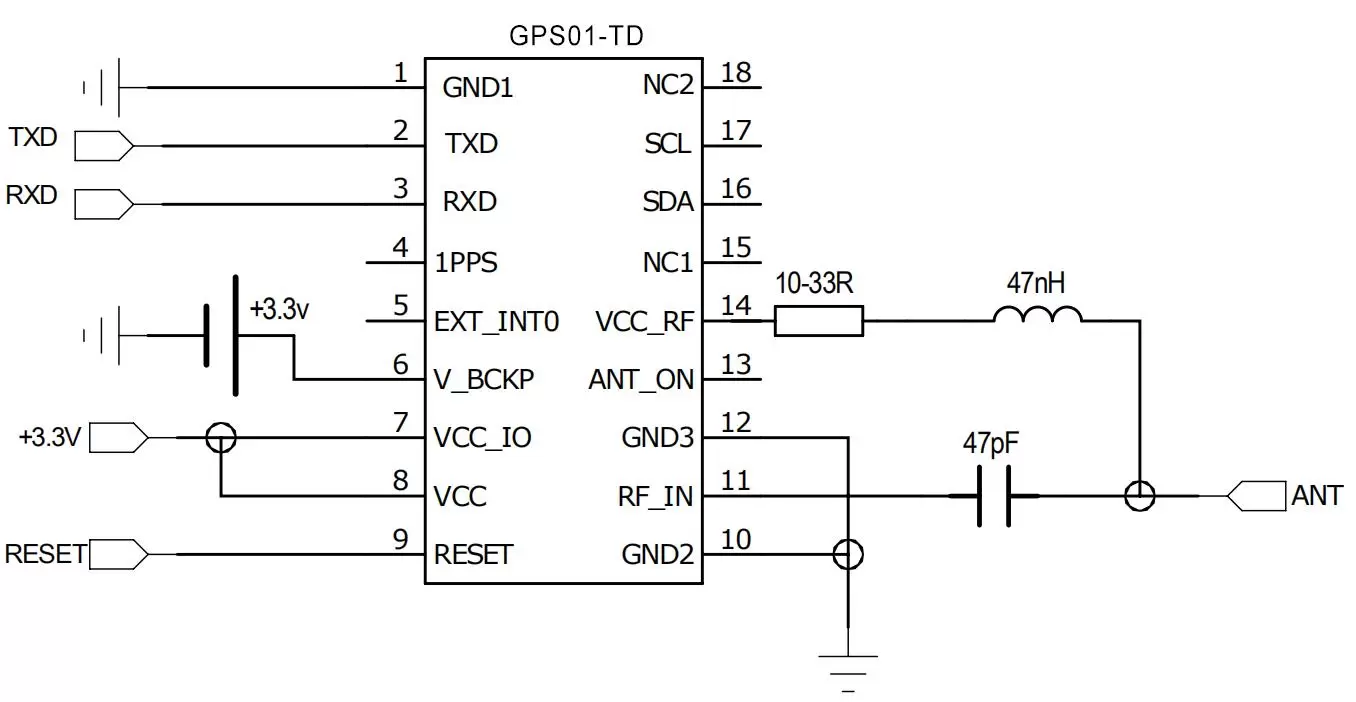Diagrama de conexión del circuito de aplicación de la antena activa del módulo GPS GPS01-ZK
