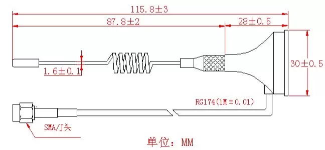 Dimensiones de la antena de ventosa pequeña de alta ganancia de 490 MHz SW490-XP1M Dimensiones de la antena de ventosa pequeña de alta ganancia de 490 MHz SW490-XP1M