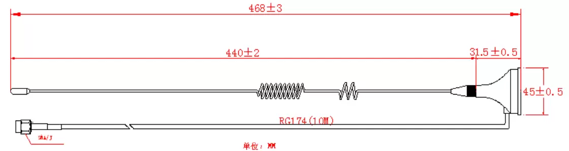 Dimensiones de la antena de ventosa de 433 MHz SW433-LXP-10M Dimensiones de la antena de ventosa de 433 MHz SW433-LXP-10M