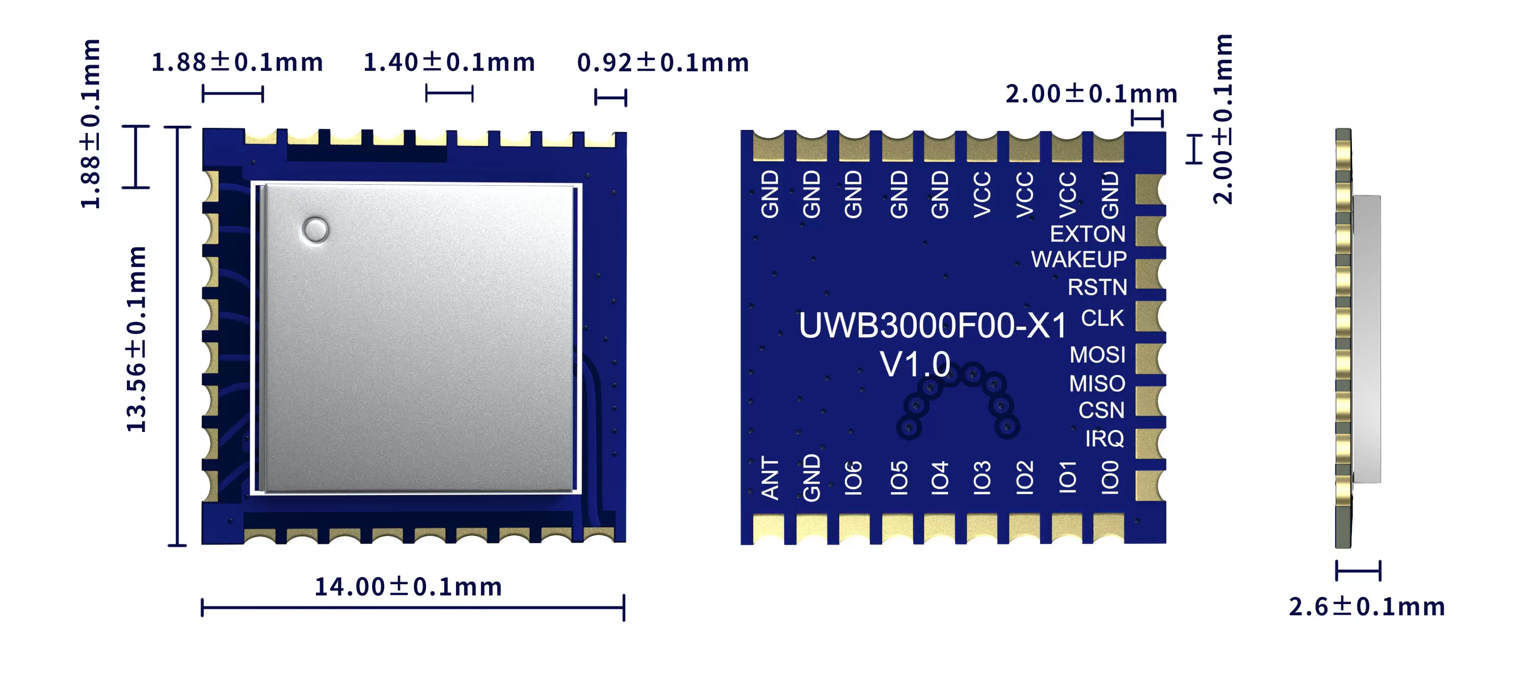 Dimensiones del módulo UWB UWB3000F00-X