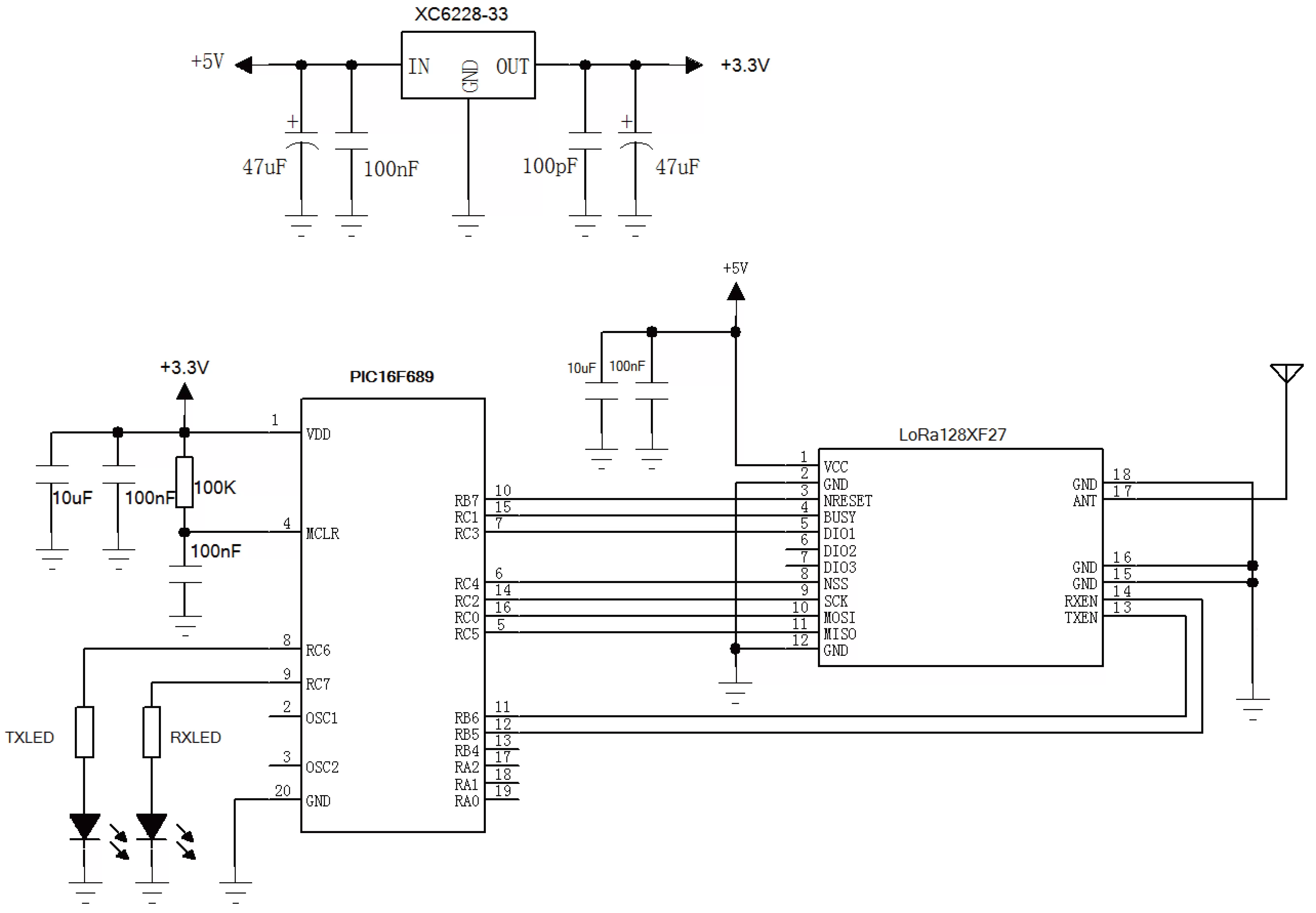 Circuito de aplicación del módulo inalámbrico LoRa1281F27 de 2,4 GHz y 500 mW
