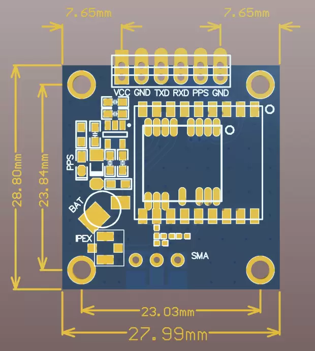Dimensiones mecánicas del módulo GPS GPS03