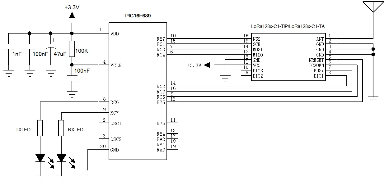 Circuito de aplicación del módulo transceptor inalámbrico LoRa de 2,4 GHz LoRa128X-C1-TIP/LoRa128X-C1-TA para conectividad de largo alcance.