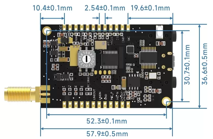 Dimensiones mecánicas del módulo de audio inalámbrico SA628F30.