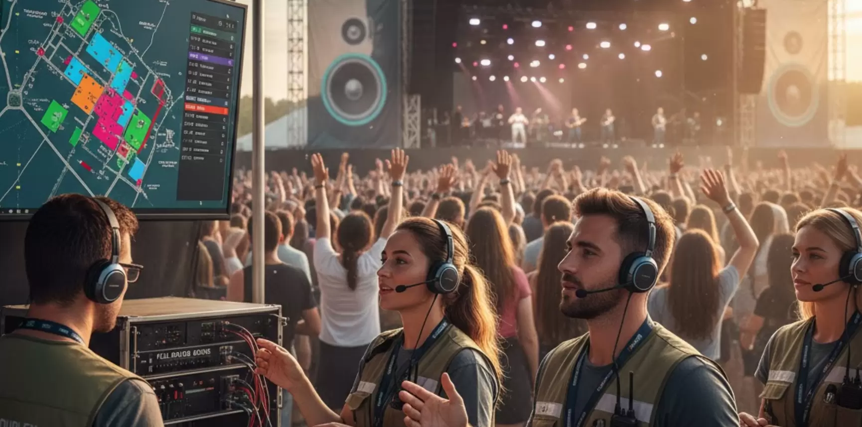 Personal del evento coordinando en un concierto con auriculares dúplex completos.