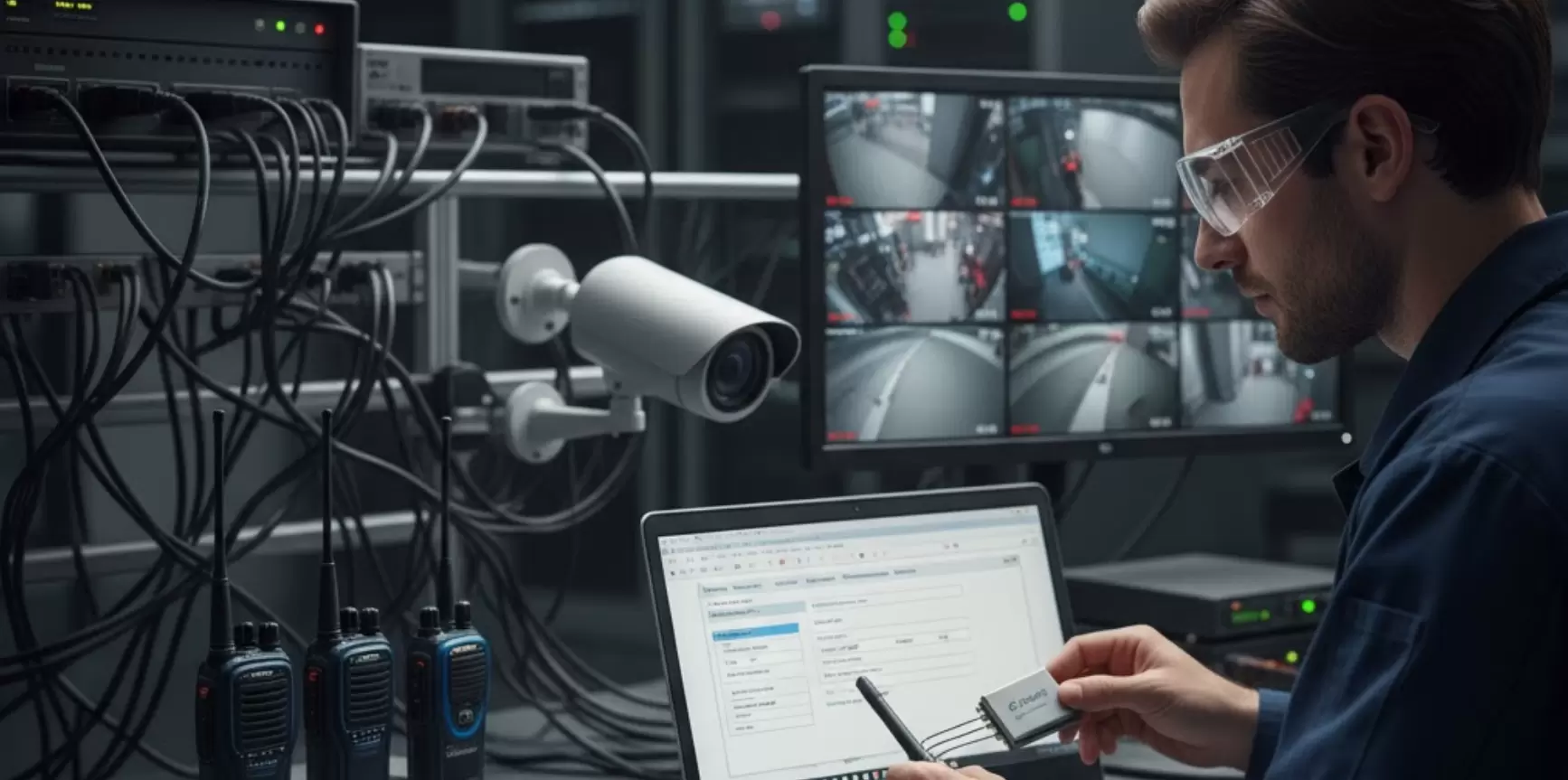 Técnico integrando módulos de audio dúplex completo con un sistema de CCTV.