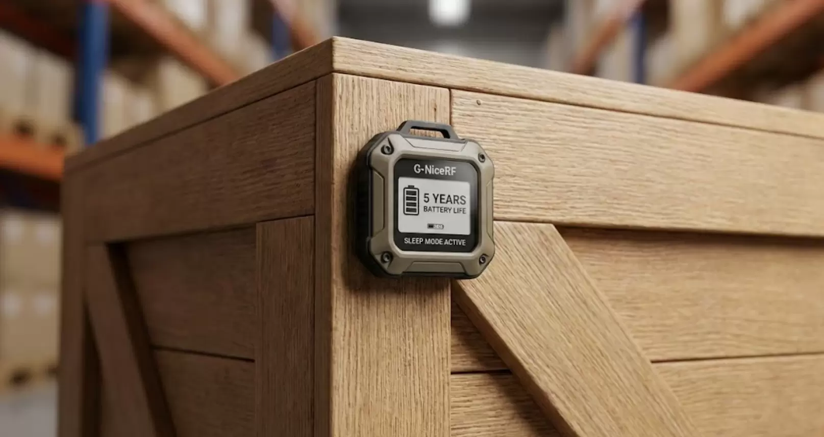 Etiqueta UWB G-NiceRF en una caja de madera que muestra una batería de larga duración.