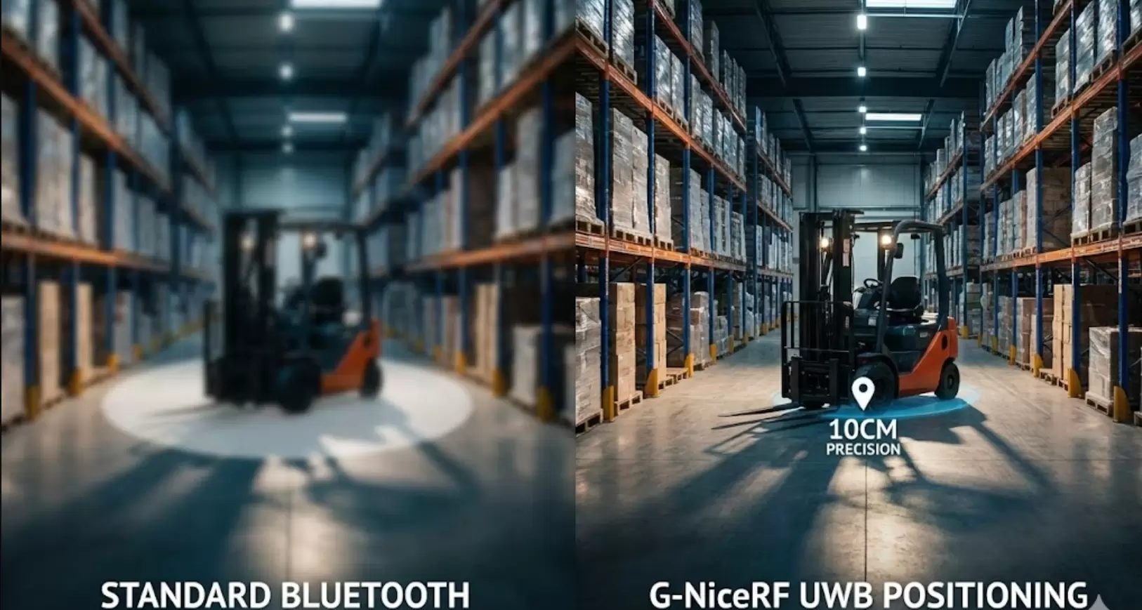 Pantalla dividida que compara el Bluetooth impreciso con el seguimiento UWB preciso de G-NiceRF.