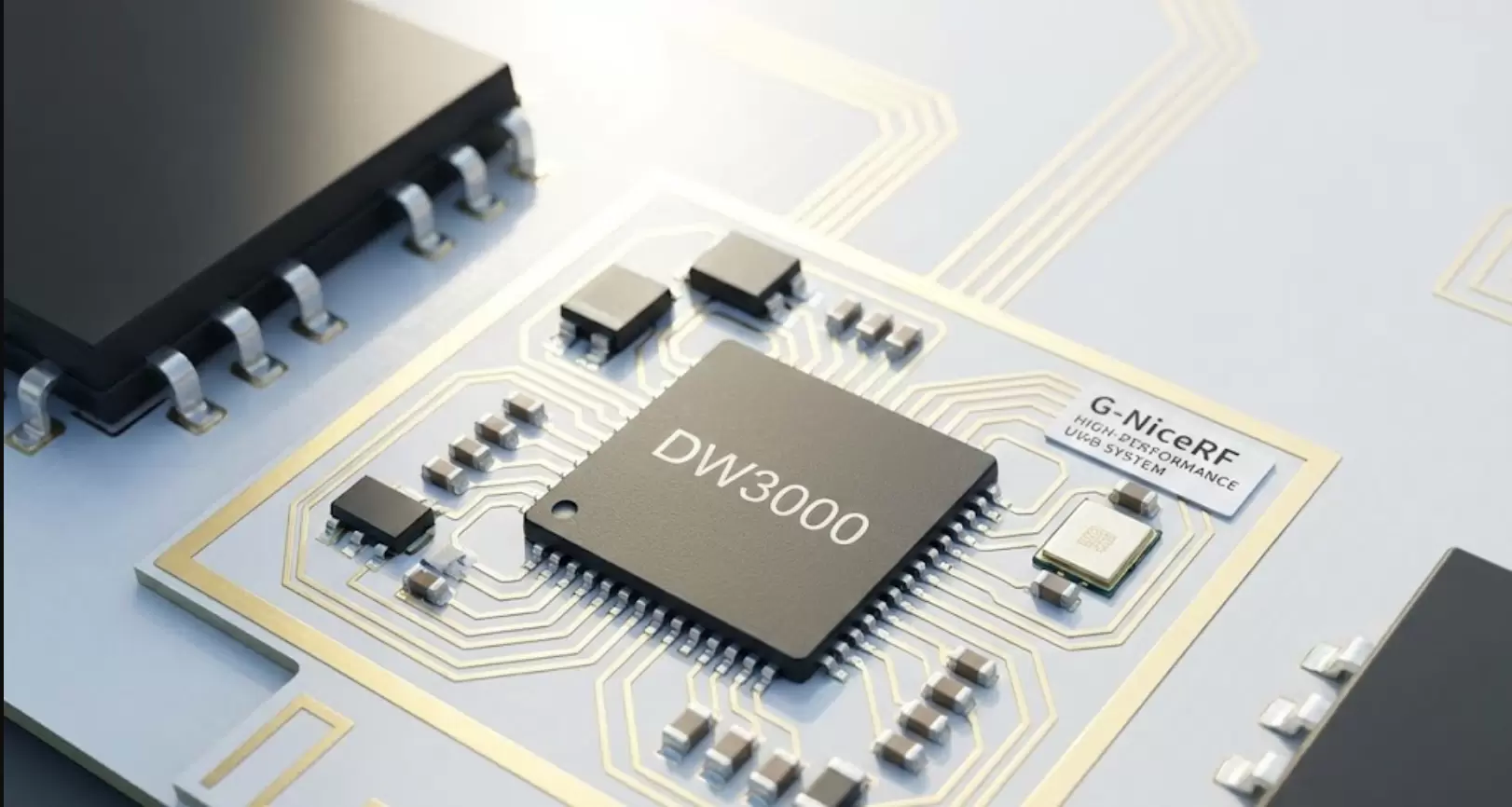 Primer plano del chip UWB DW3000 de alto rendimiento de G-NiceRF.