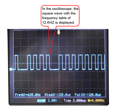 El osciloscopio debe mostrar una onda cuadrada con una frecuencia de 1,2 KHz para calificar.